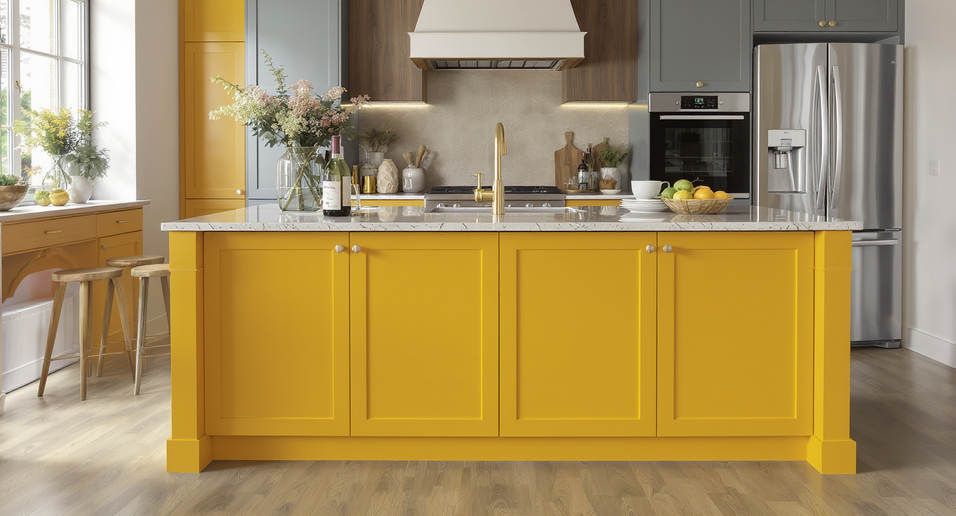 Dramatic kitchen island featuring bold colors that stand out against neutral decor.