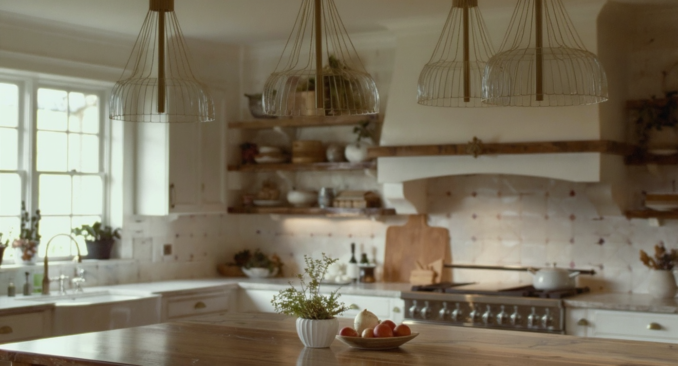 Stylish pendant lights hanging over a bright kitchen island, enhancing the space.