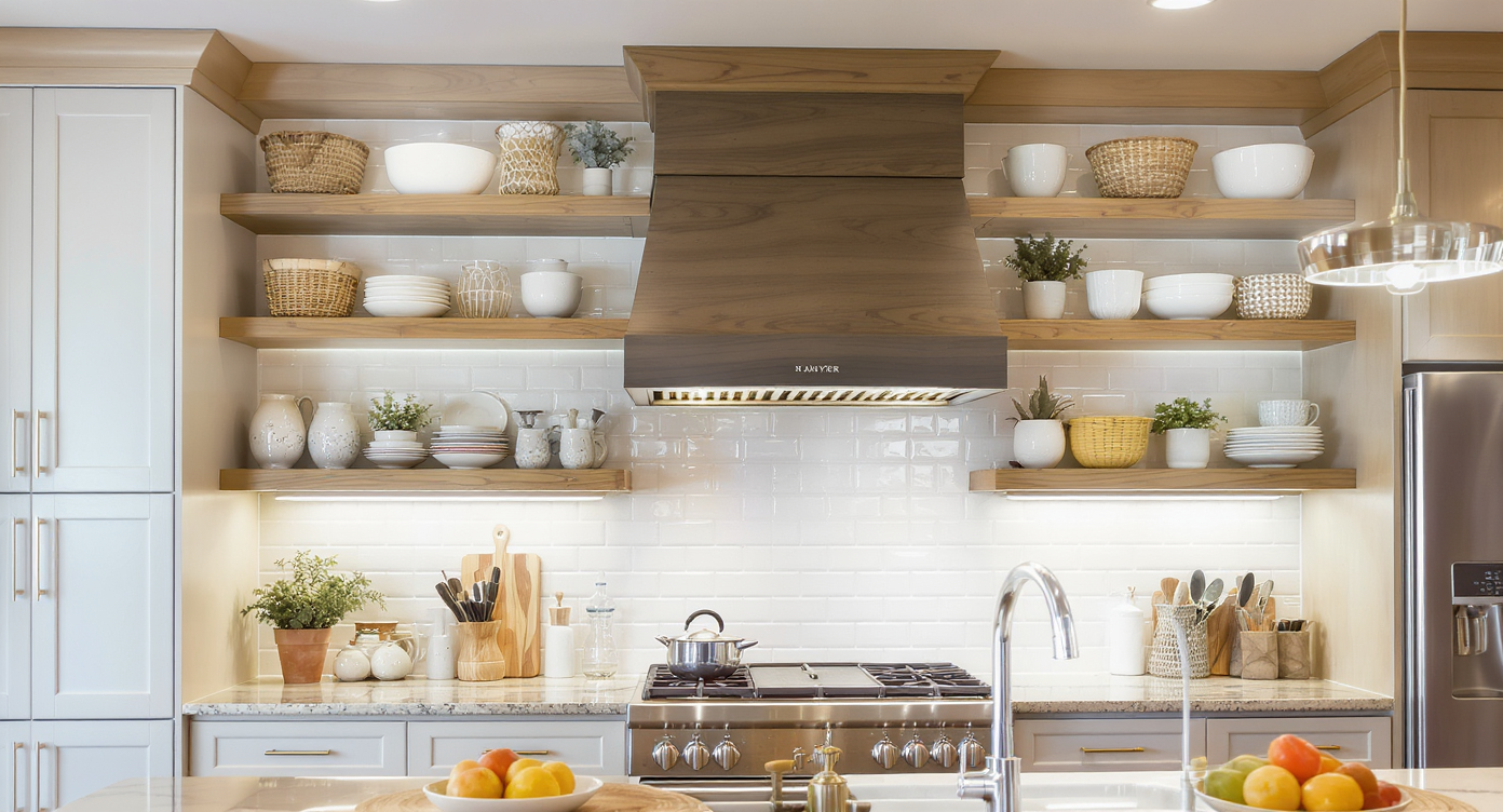 Kitchen island with overhead shelving for extra storage and stylish display.