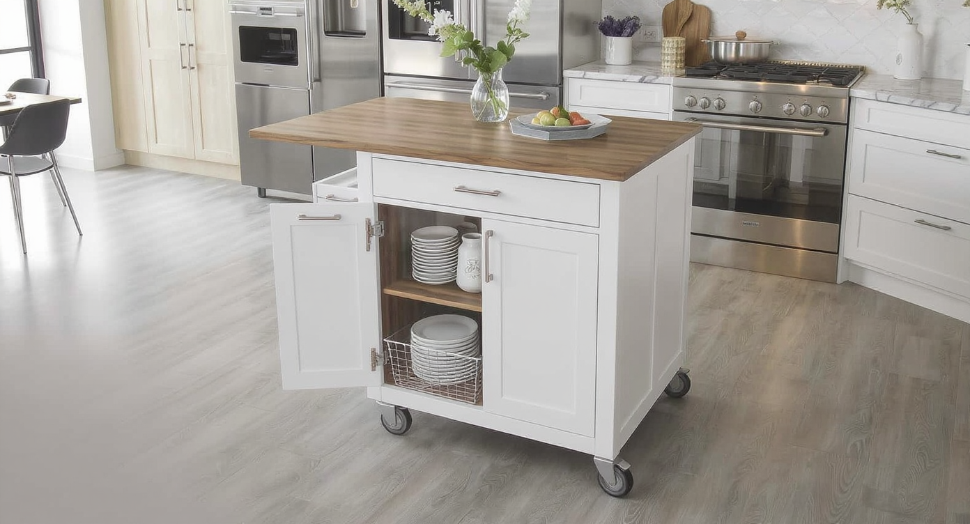 Rolling kitchen island in a modern setting, allowing for flexible functionality.