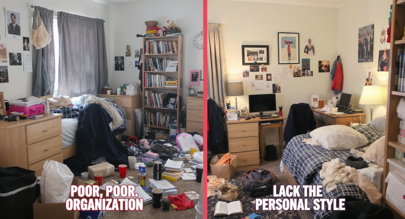 A chaotic dorm room that highlights common mistakes like clutter and lack of organization in design.
