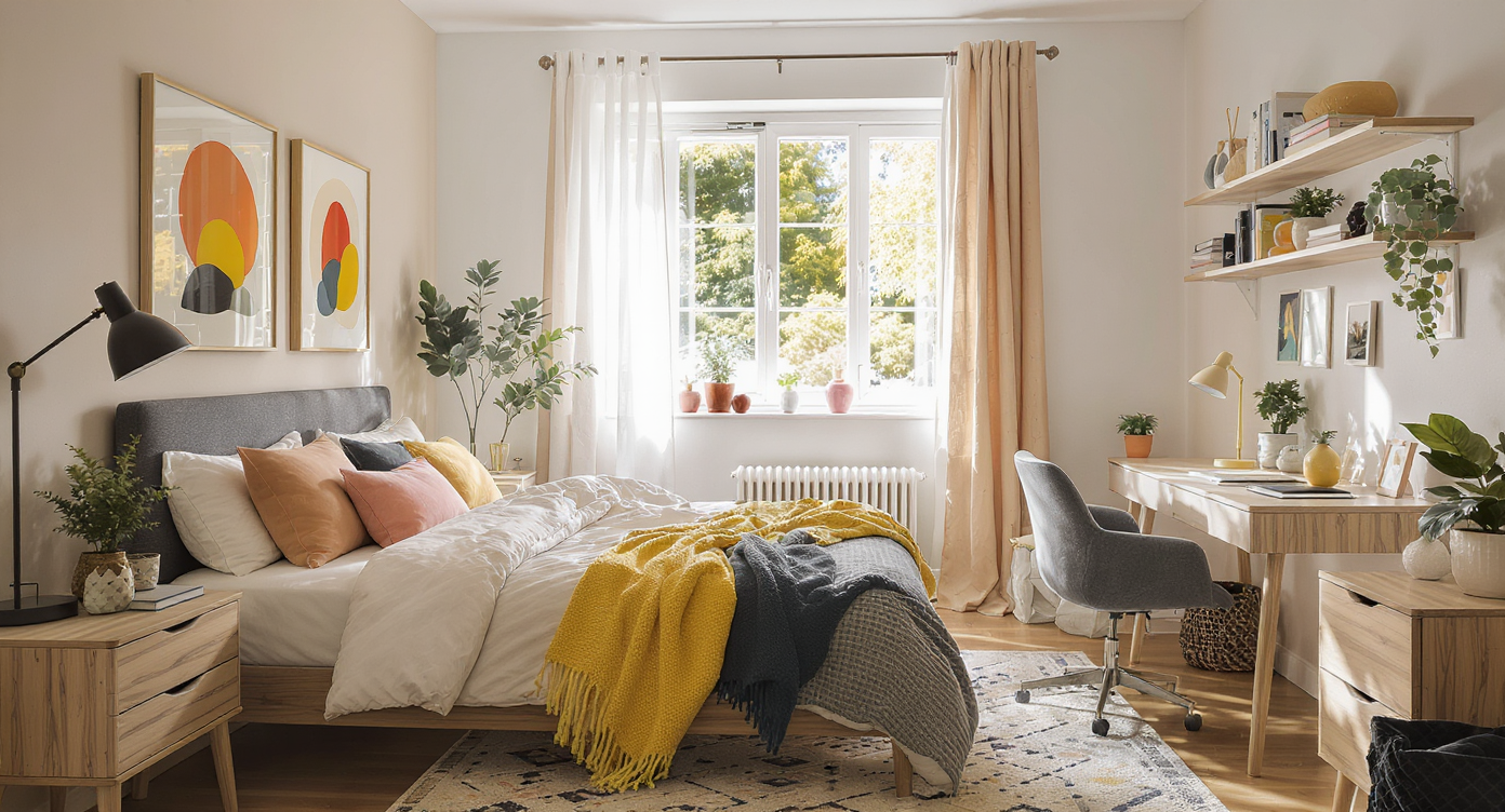 A modern and inviting dorm room featuring a cozy bed and a functional study area bathed in natural light.