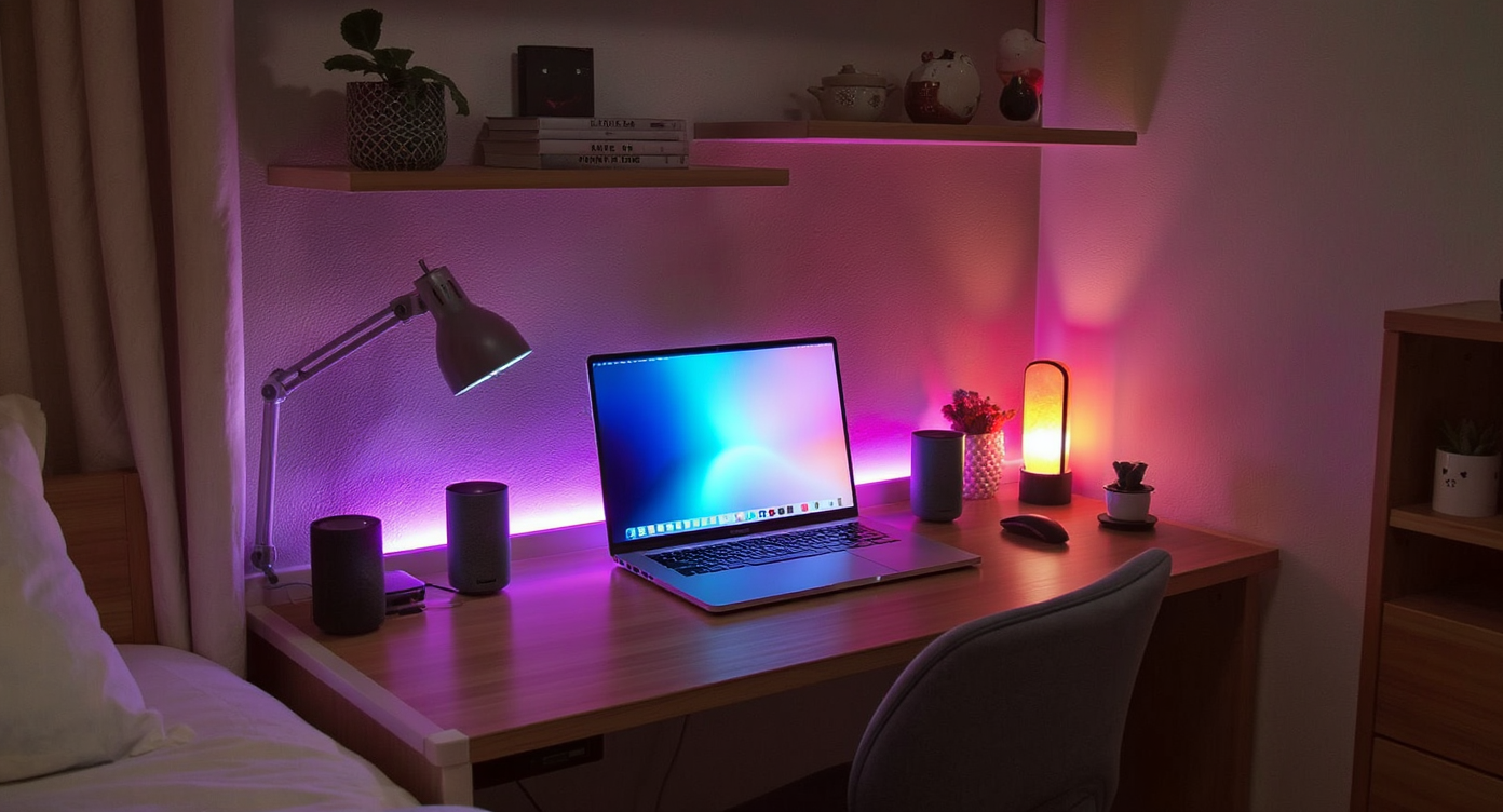A functional study corner in a dorm room, equipped with modern tech and organized workspace elements.