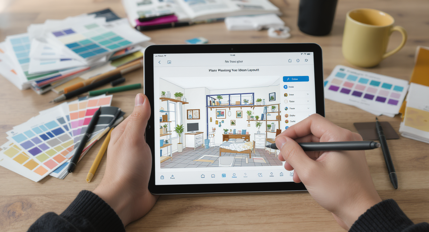 A student visualizing their dream dorm layout using a tablet amidst a bright, empty dorm room setting.