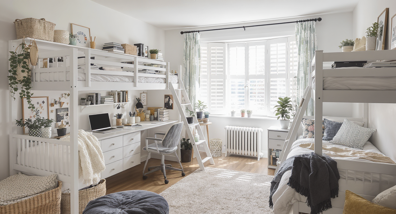 An expertly designed dorm room showcasing organized spaces for work and relaxation with stylish decor.