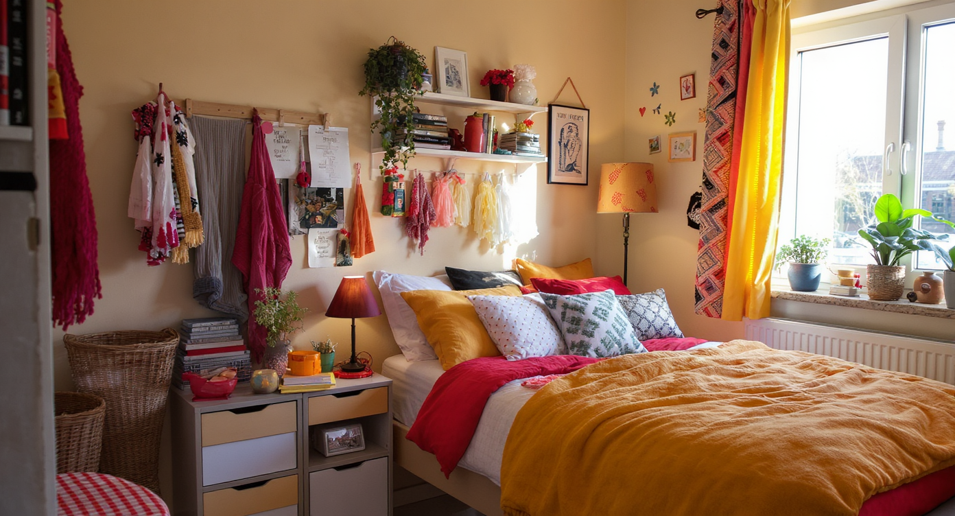 A vibrant dorm room decorated with colorful textiles and personal touches that reflect individual style.