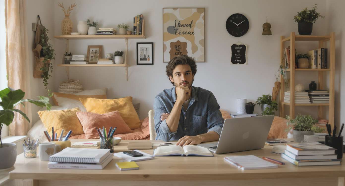 A student studying at a well-organized desk in a bright and stylish dorm room, showcasing effective design.