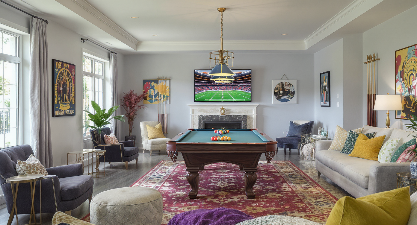A vibrant modern game room with a pool table, colorful art, bar area, and comfortable lounge seating.