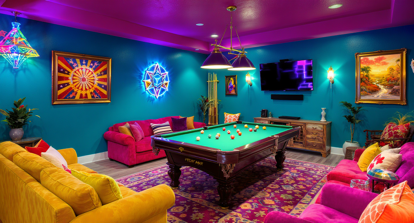 A bold game room in vibrant colors with turquoise walls, inviting plush seating for an engaging atmosphere.