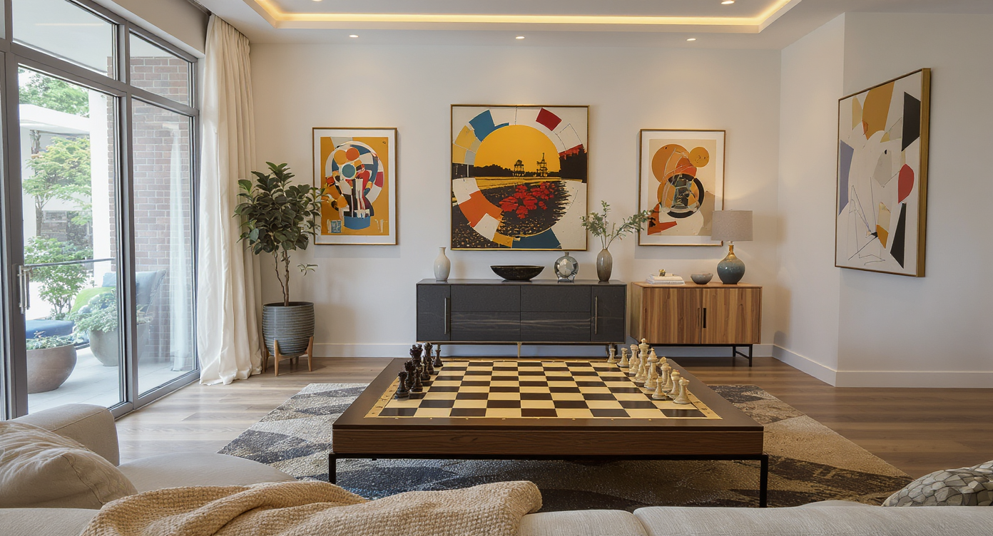 A game room that creatively mixes vintage and modern design elements with antique decor and sleek furniture.