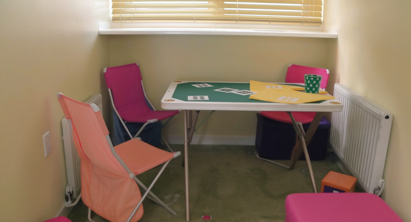 A compact game nook with foldable furniture and bright colors showcasing clever design for small spaces.