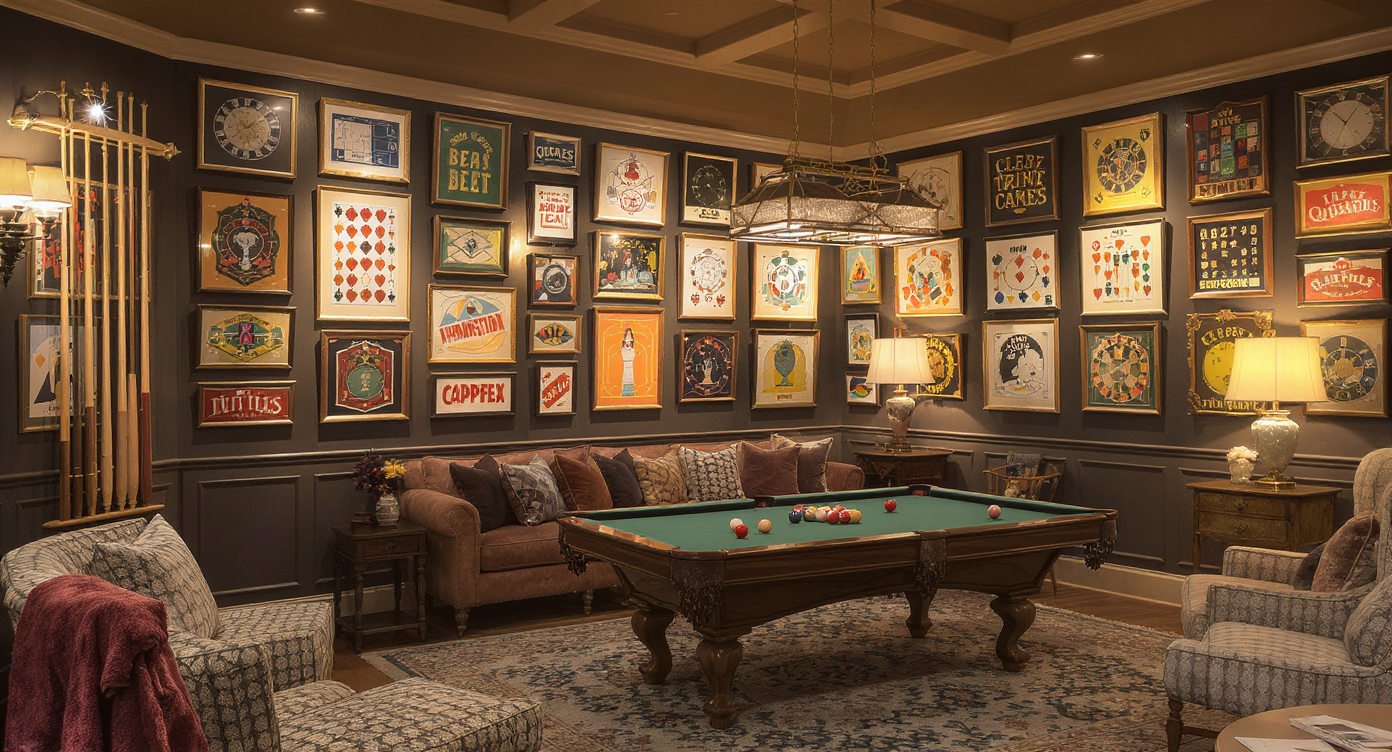 A game room showcasing vintage games as decor with contemporary elements and warm lighting for a whimsical atmosphere.
