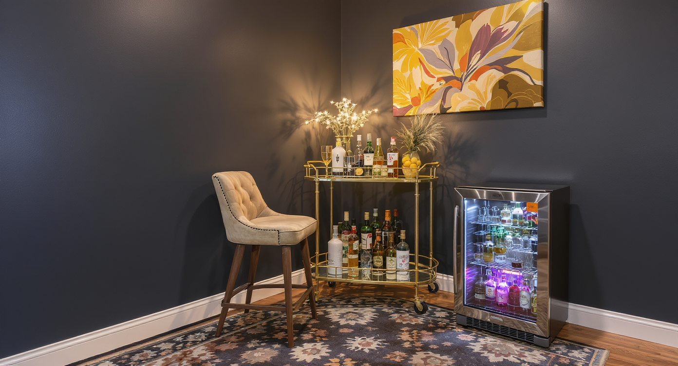 An elegant cocktail corner in a game room with a stylish bar cart and inviting seating for social engagement.