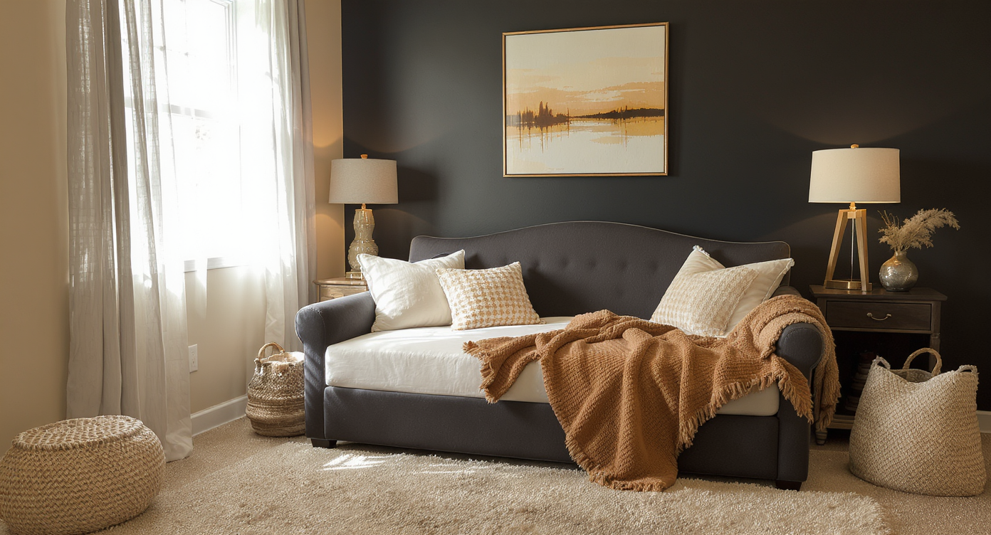 A cozy game room featuring a daybed for relaxation with soft pillows and warm lighting for a restful atmosphere.