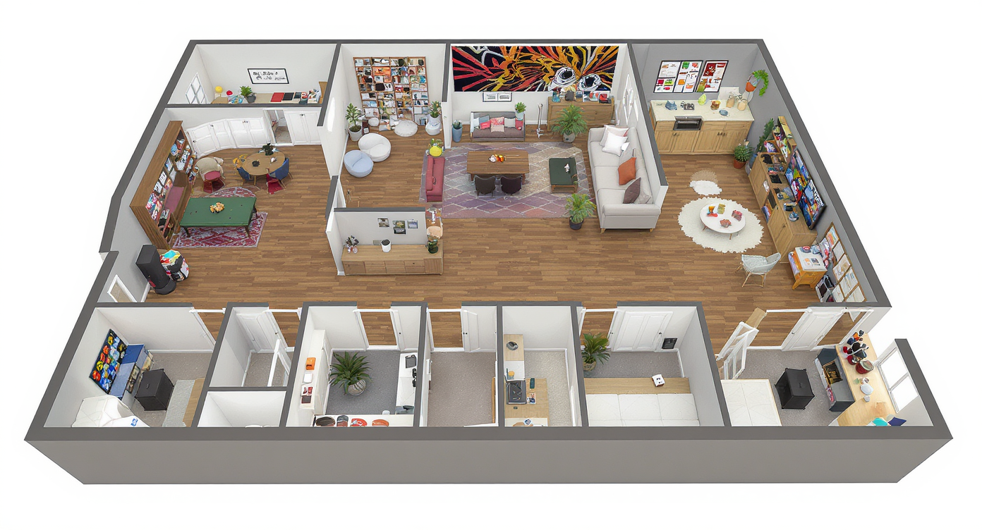 A versatile game room with designated areas for different activities featuring playful decor and furniture arrangements.