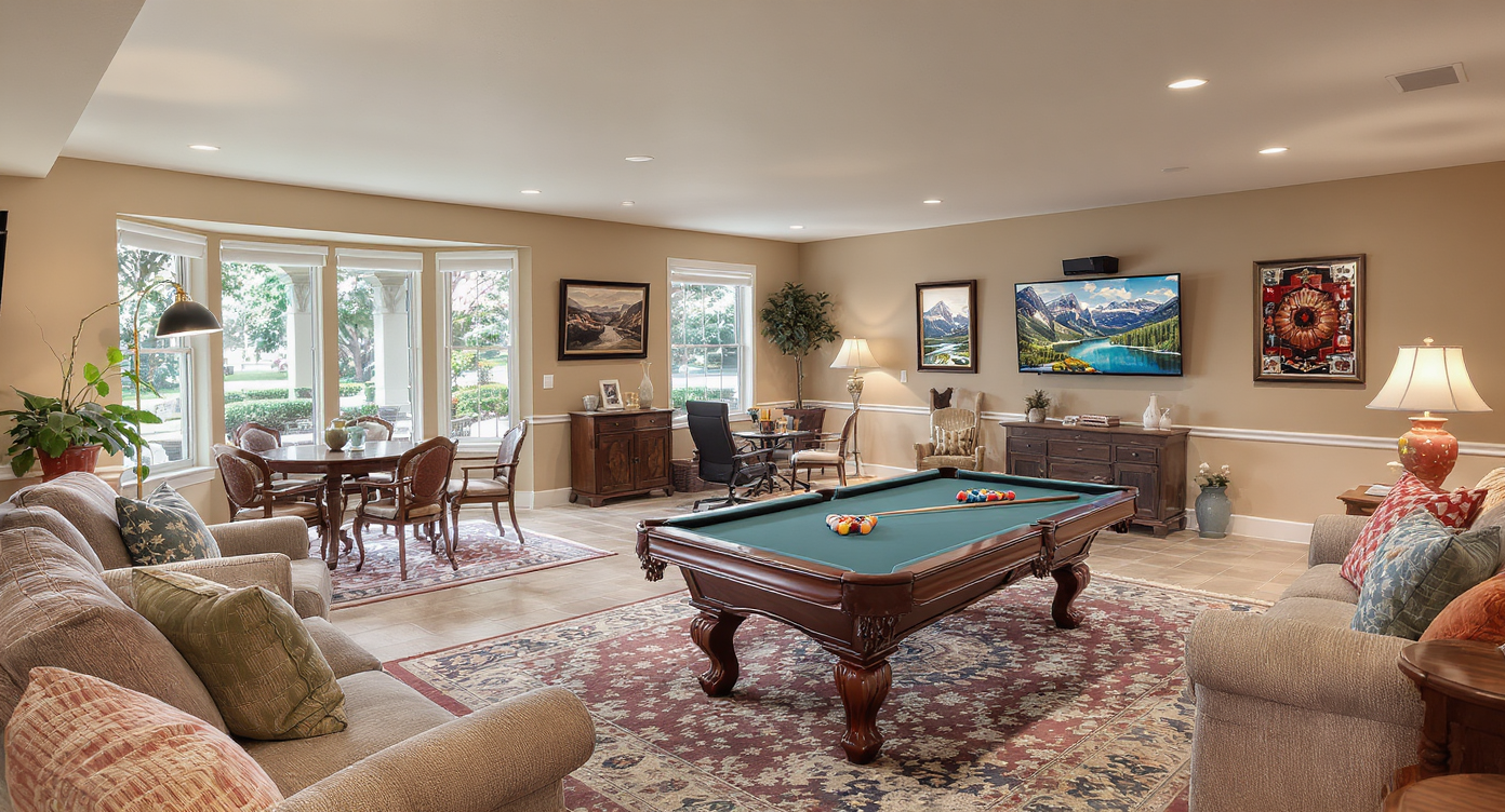 A purposefully designed game room with areas for board games and video games featuring cozy furniture and bright decor.