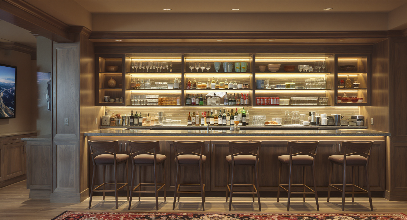 A chic functional bar in a game room designed for social gatherings with organized drinks and stylish seating.