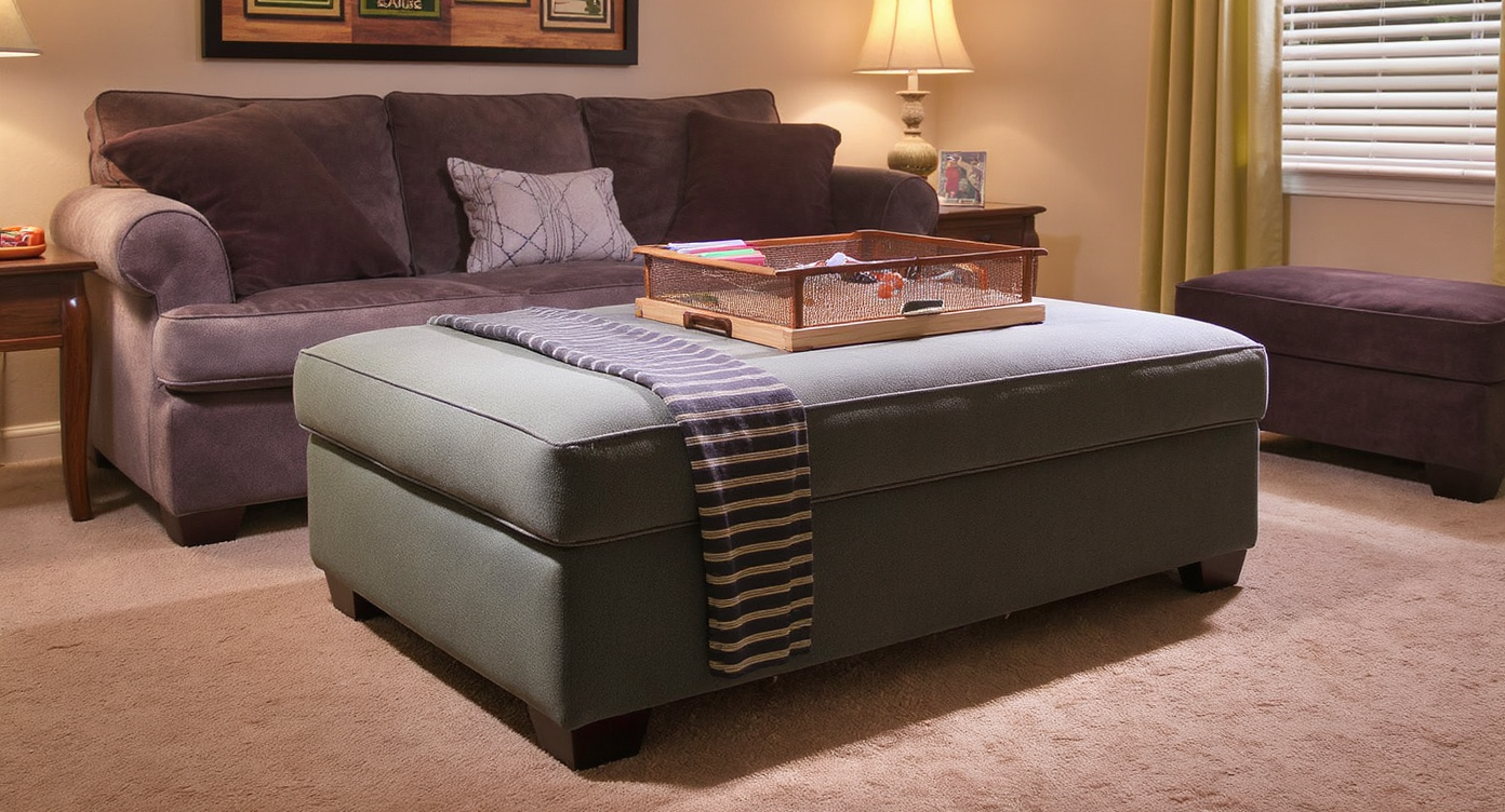 An oversized ottoman in a game room providing extra seating and storage amidst cozy decor and soft lighting.