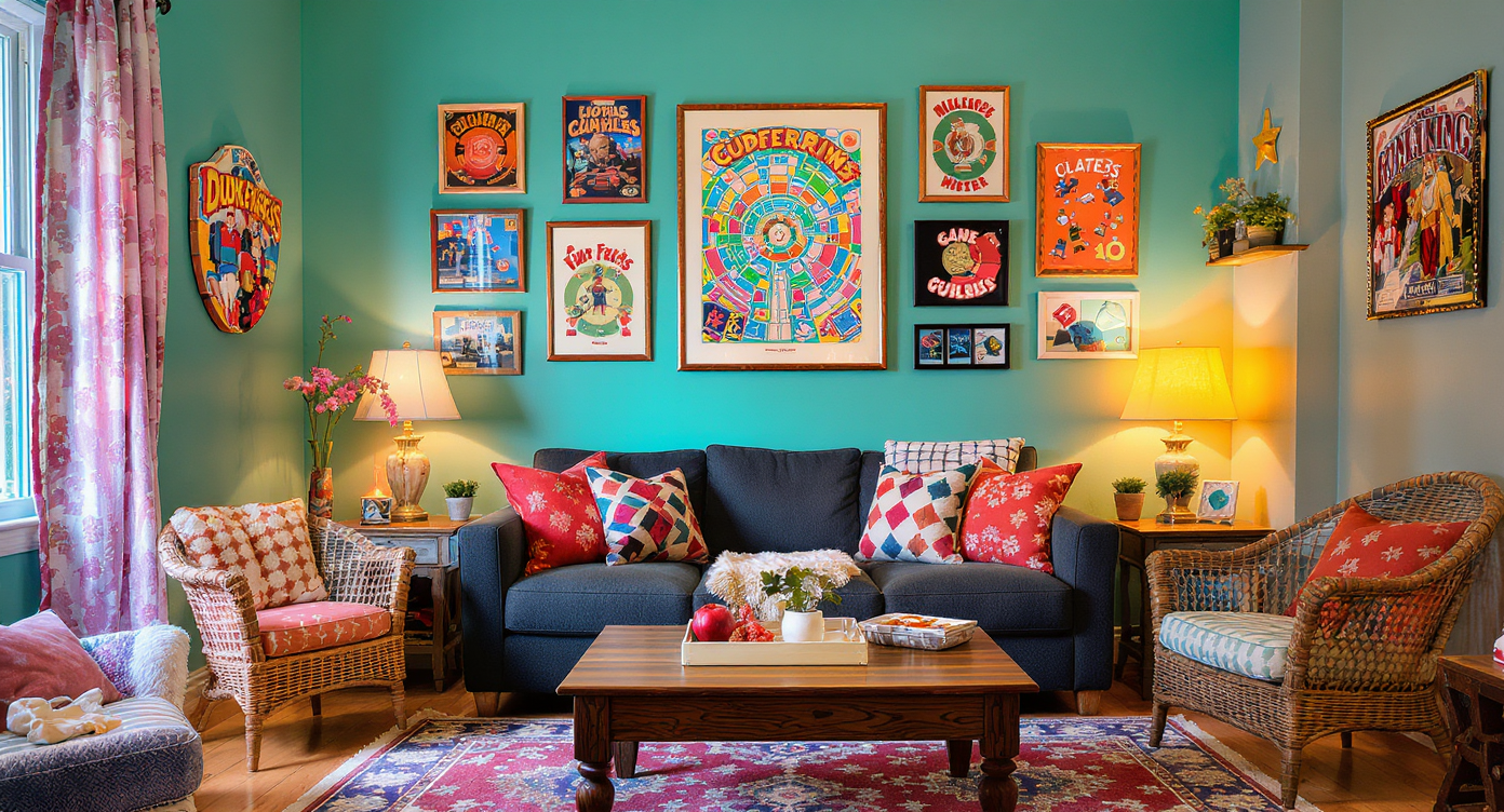 A game room with decor inspired by games, showcasing themed colors and playful designs for a fun atmosphere.