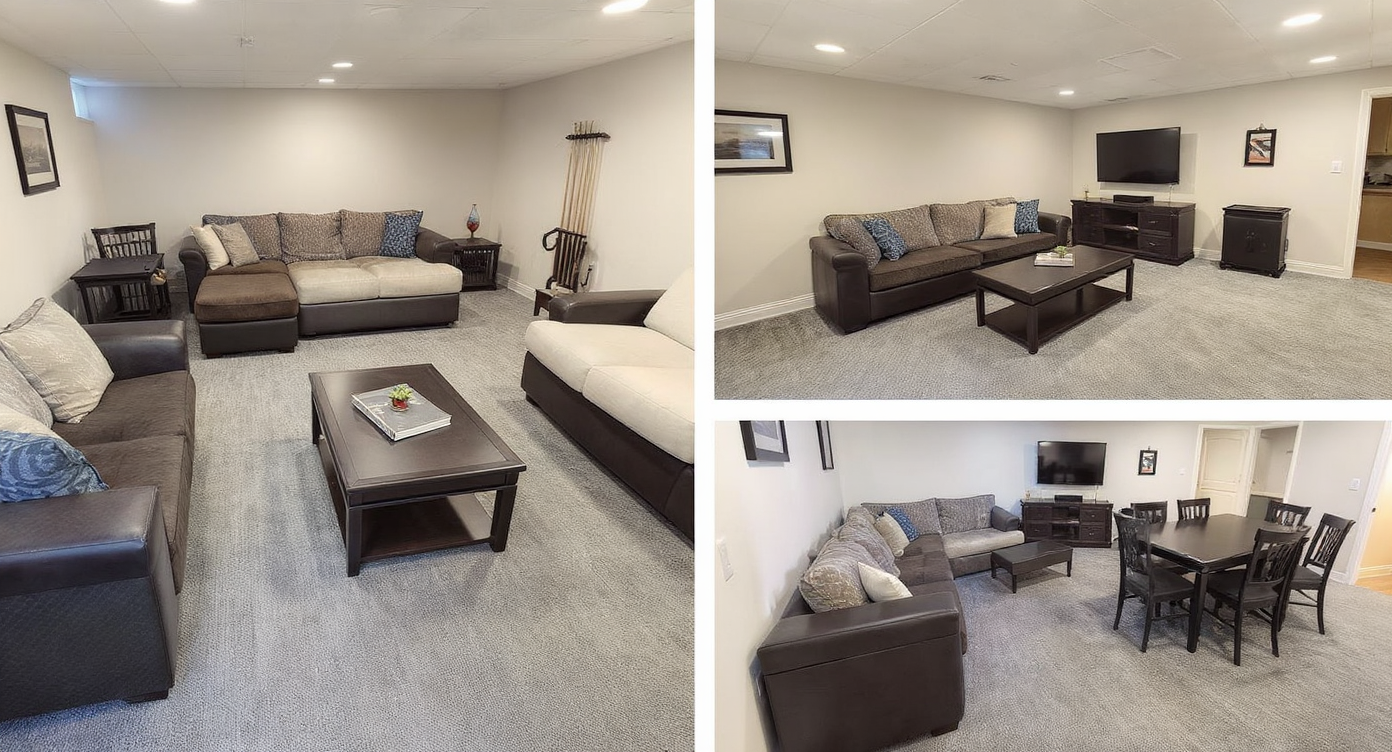 A game room with transformable furniture and flexible seating arrangements for multi-use settings.