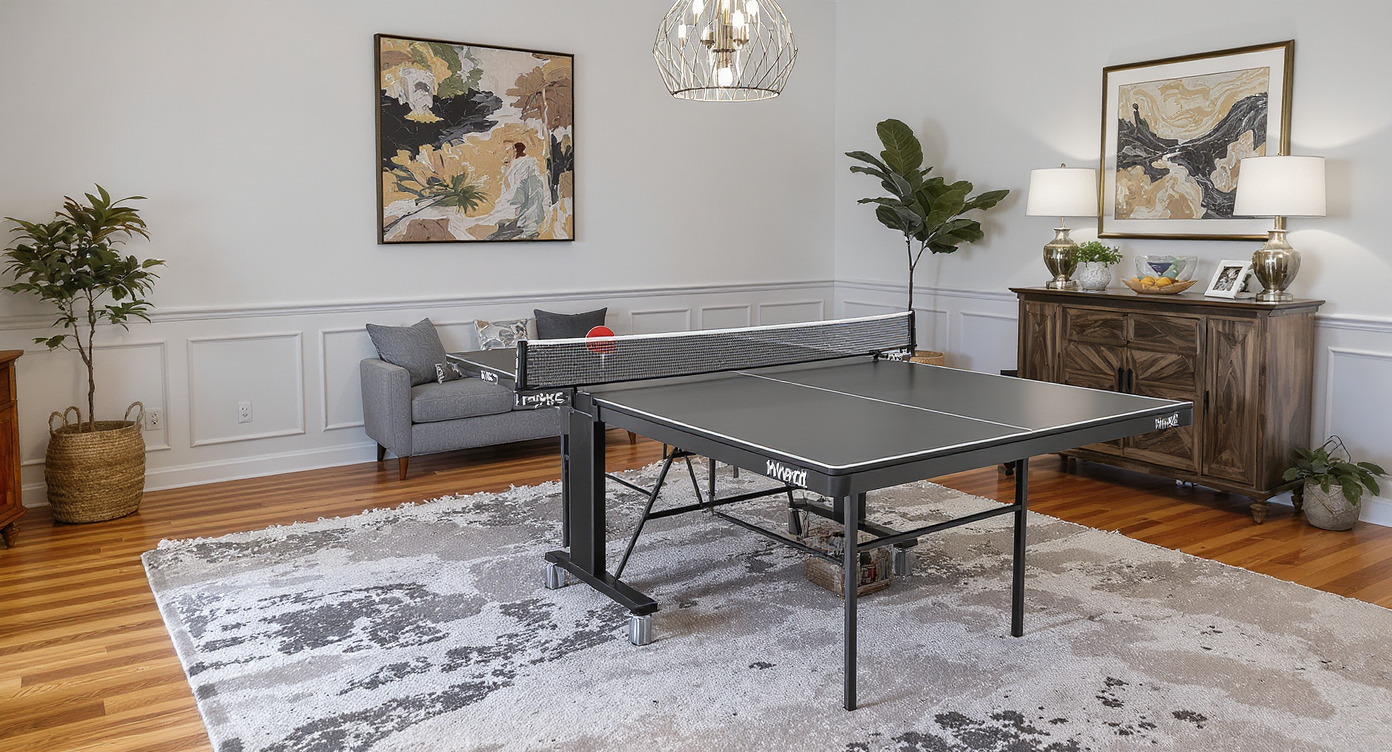 A stylish ping pong table in a game room designed to be a central feature, highlighting active engagement and decor.