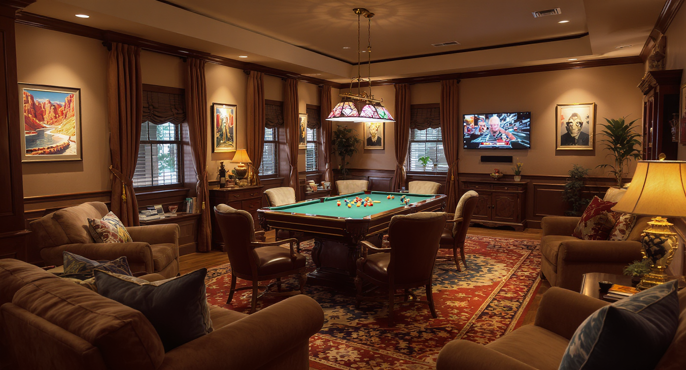 A cozy game room with inviting lounge seating and warm decor designed for comfort during gaming sessions.