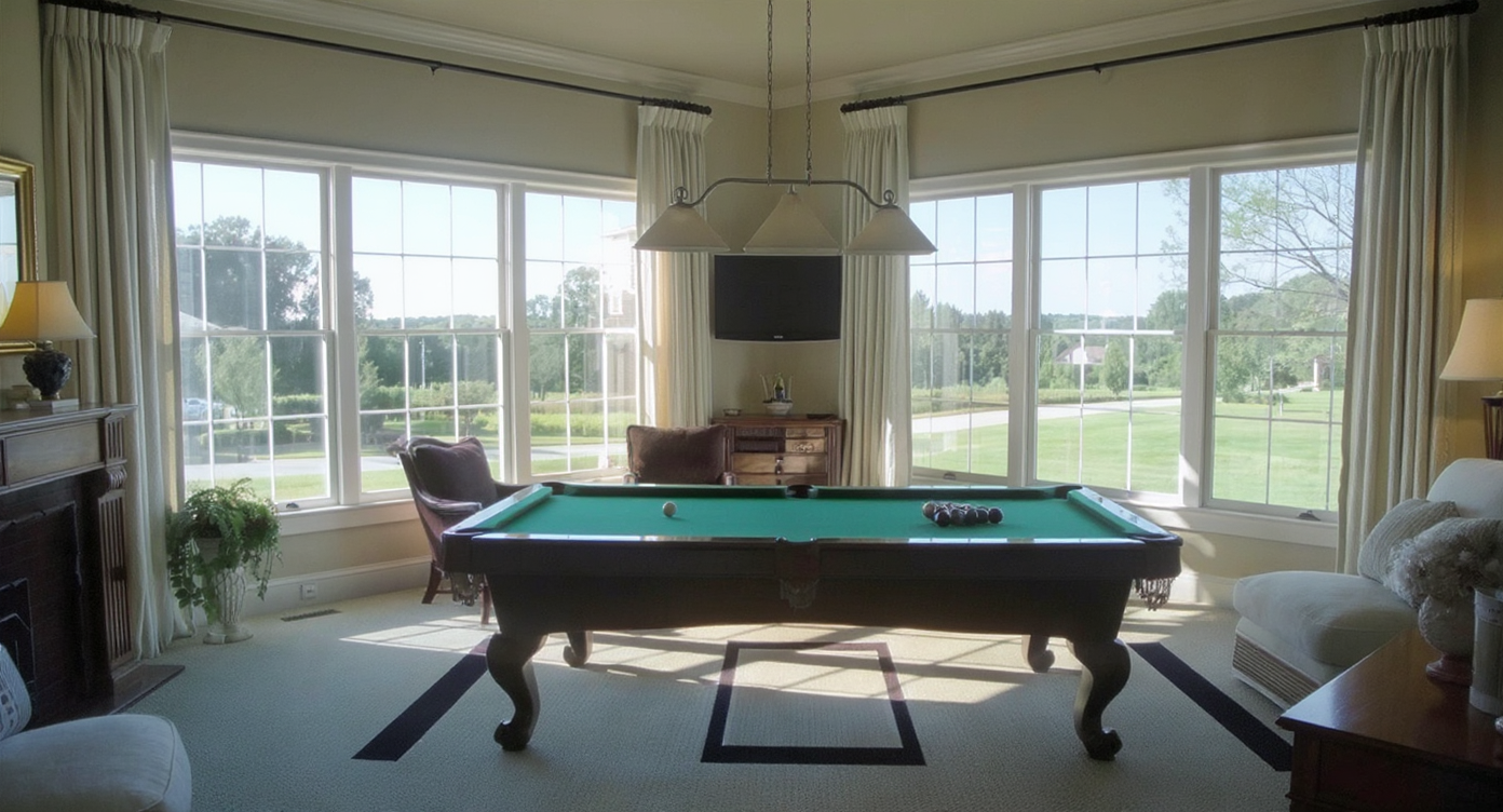 A game room filled with natural light from full-length windows creating a warm and inviting atmosphere.