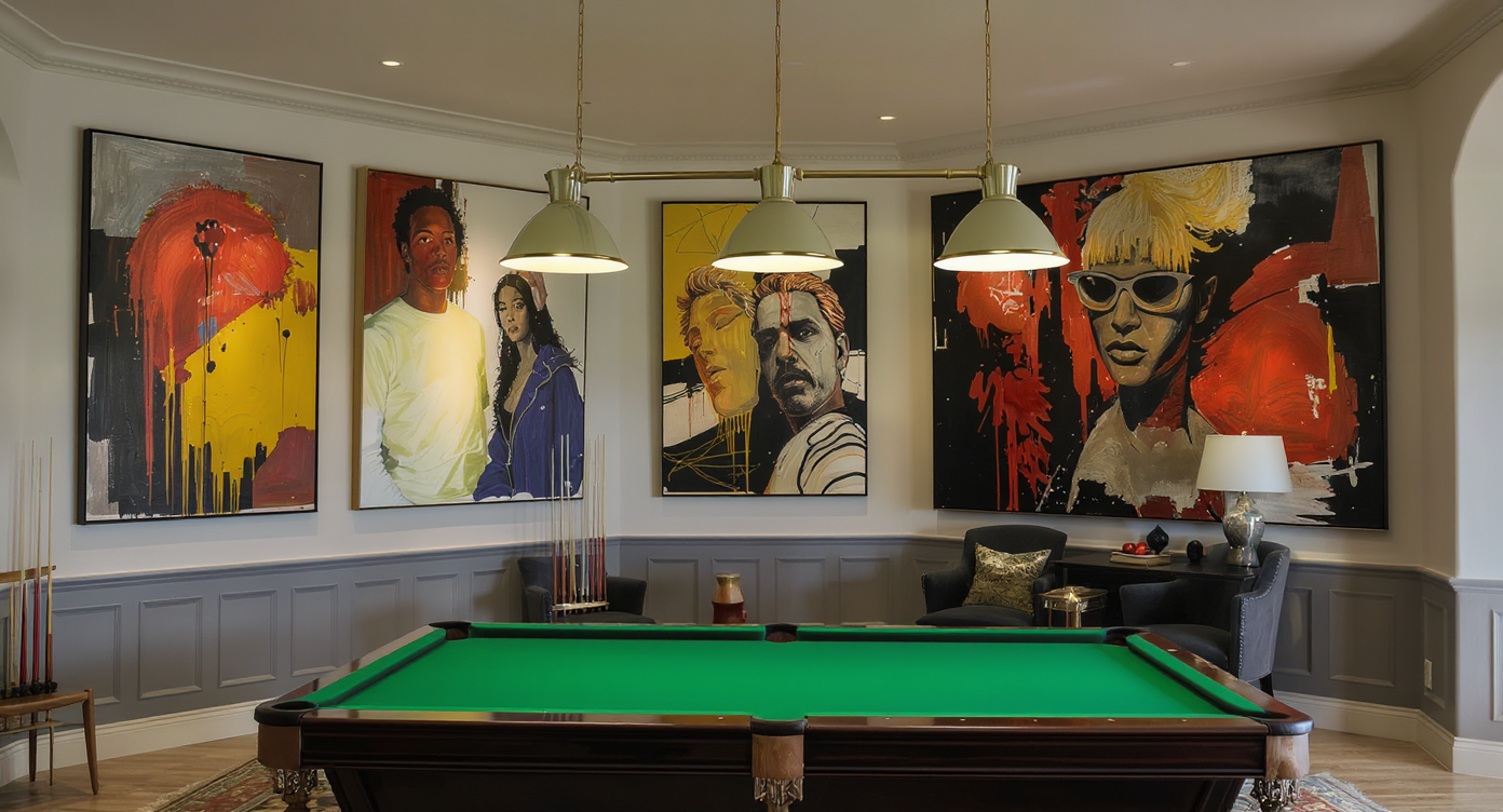 A game room with bold contemporary wall art complementing the stylish decor and furniture arrangement.