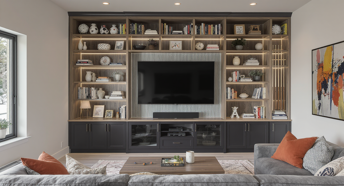 A game room utilizing vertical space efficiently with high shelves and stylish seating for a streamlined look.
