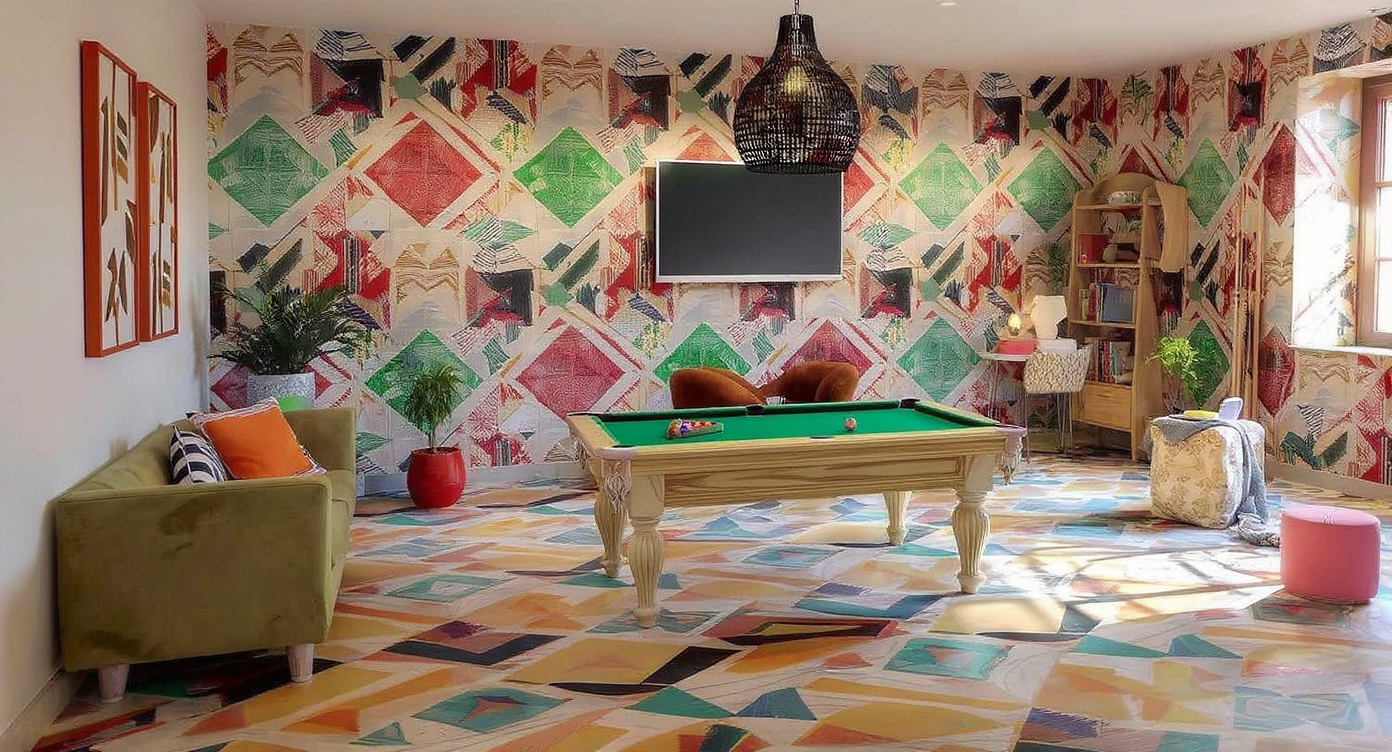 A game room with engaging geometric wall and floor patterns mixed with colorful furnishings for a dynamic look.