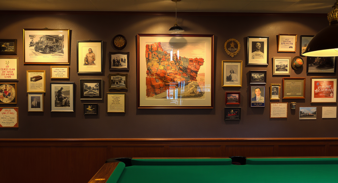 A game room showcasing framed memorabilia and collectibles highlighting the owner's gaming history and interests.