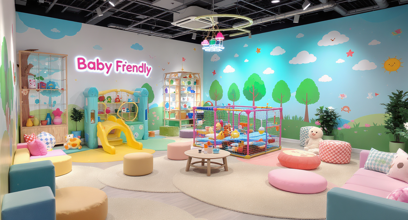 A baby-friendly game room designed with bright colors, fun decor, and safe play zones for younger players.