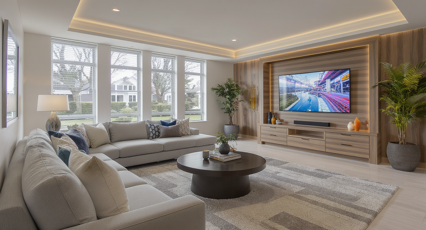 A game room designed for future updates featuring adaptable furniture and a modern aesthetic for evolving needs.