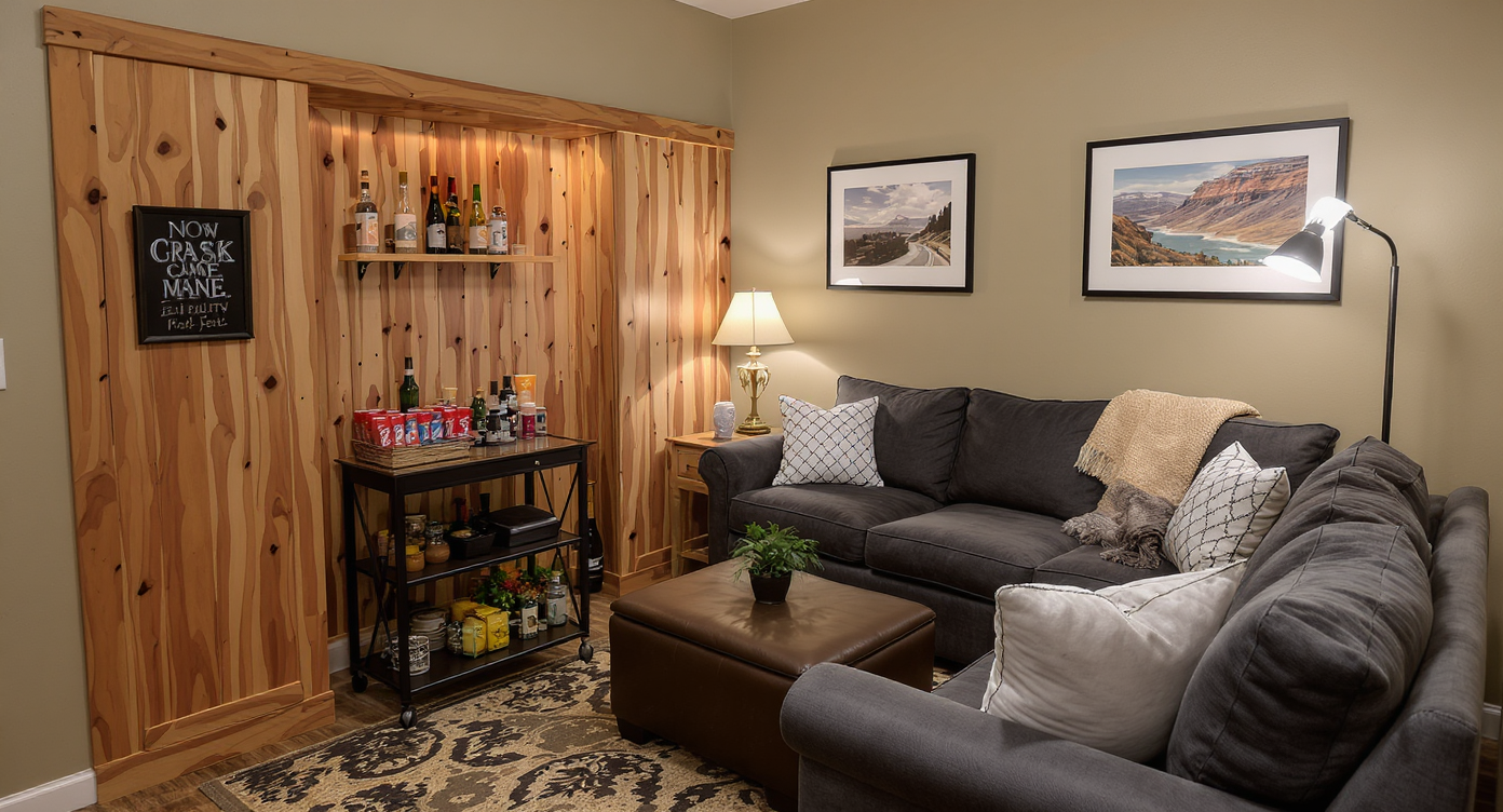A food and beverage nook in a game room featuring a small bar cart and cozy seating for refreshments during gaming.