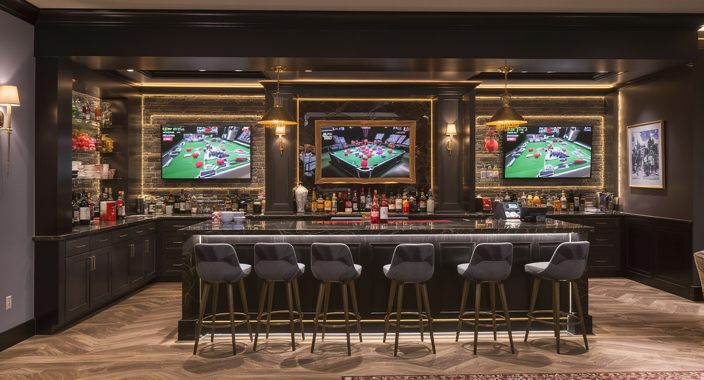 A stylish game room featuring a well-integrated bar area designed for refreshments and socializing during games.