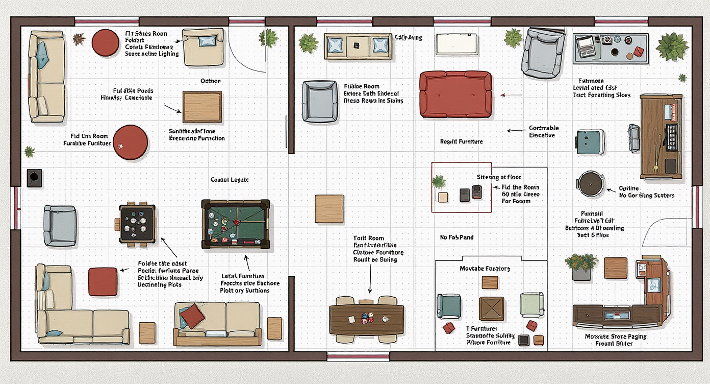 A versatile game room with flexible furniture arrangements allowing for easy reconfiguration of the layout.