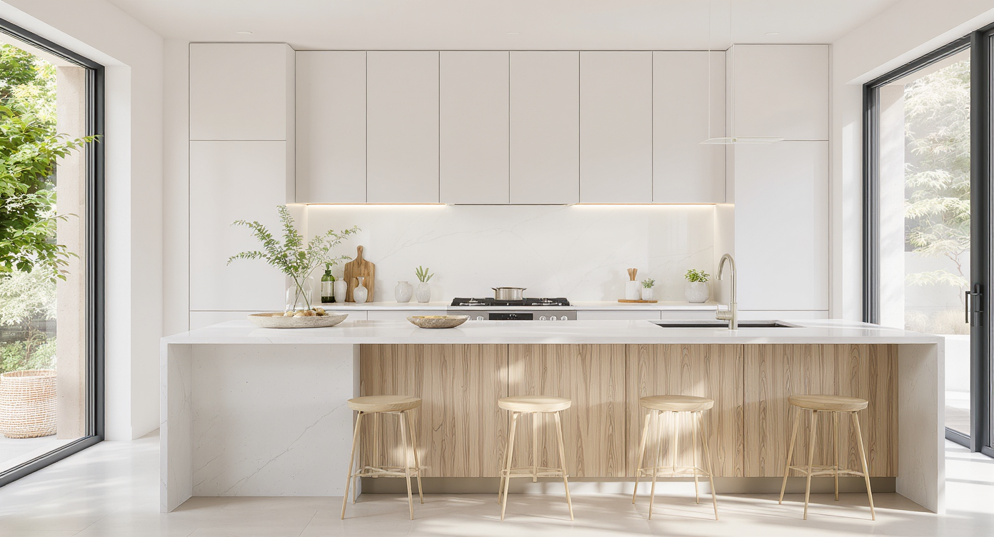 A minimalist kitchen with light-colored, unobtrusive cabinets, creating a serene and uncluttered space.