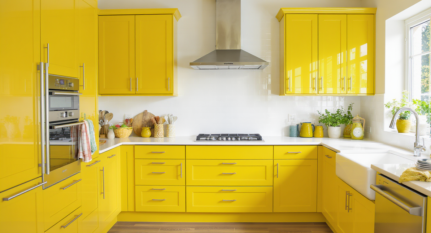 A kitchen with bright electric yellow cabinets and white countertops, exuding a vibrant and energetic atmosphere.