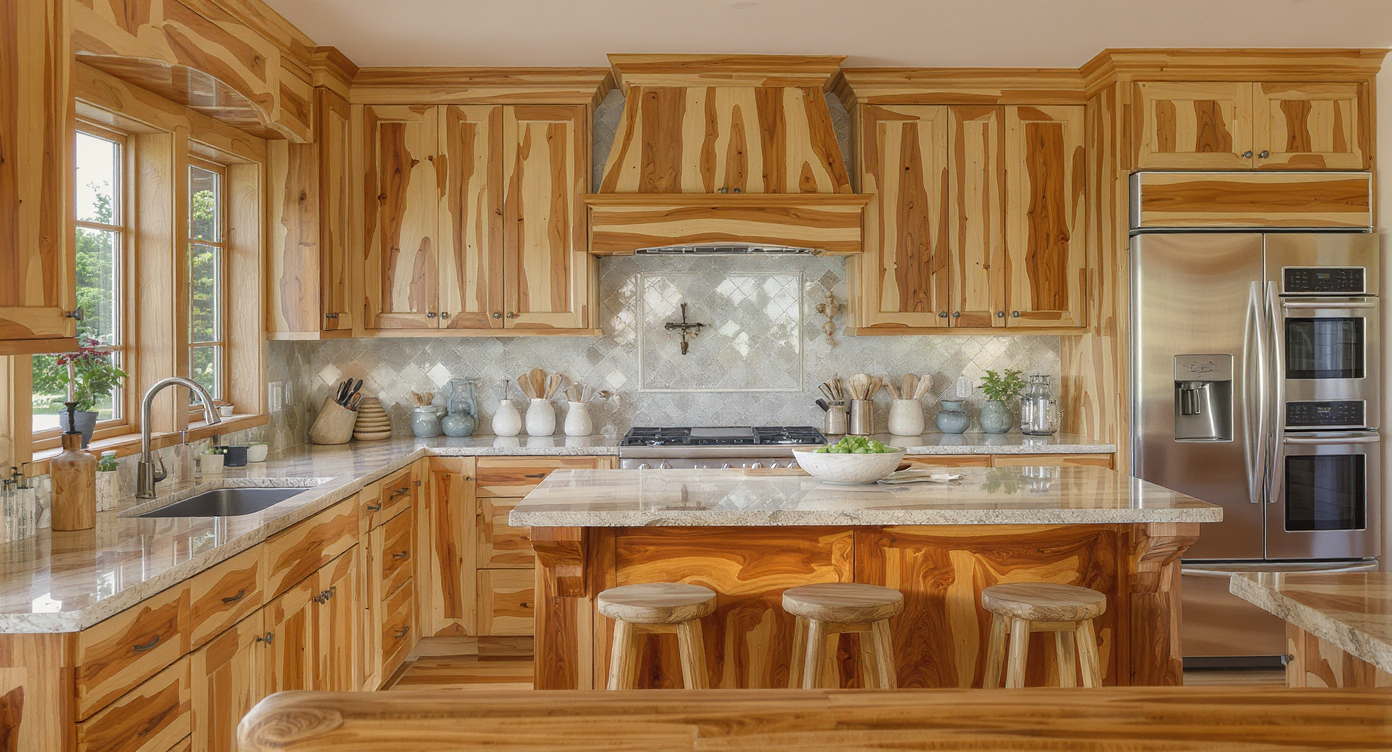 A kitchen showcasing native materials like pecky cypress, emphasizing authenticity and sustainability.