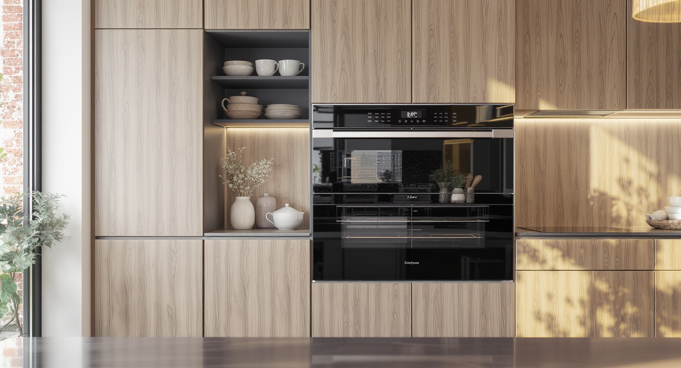 A kitchen with concealed appliances designed for a clean and streamlined look, merging style and functionality.