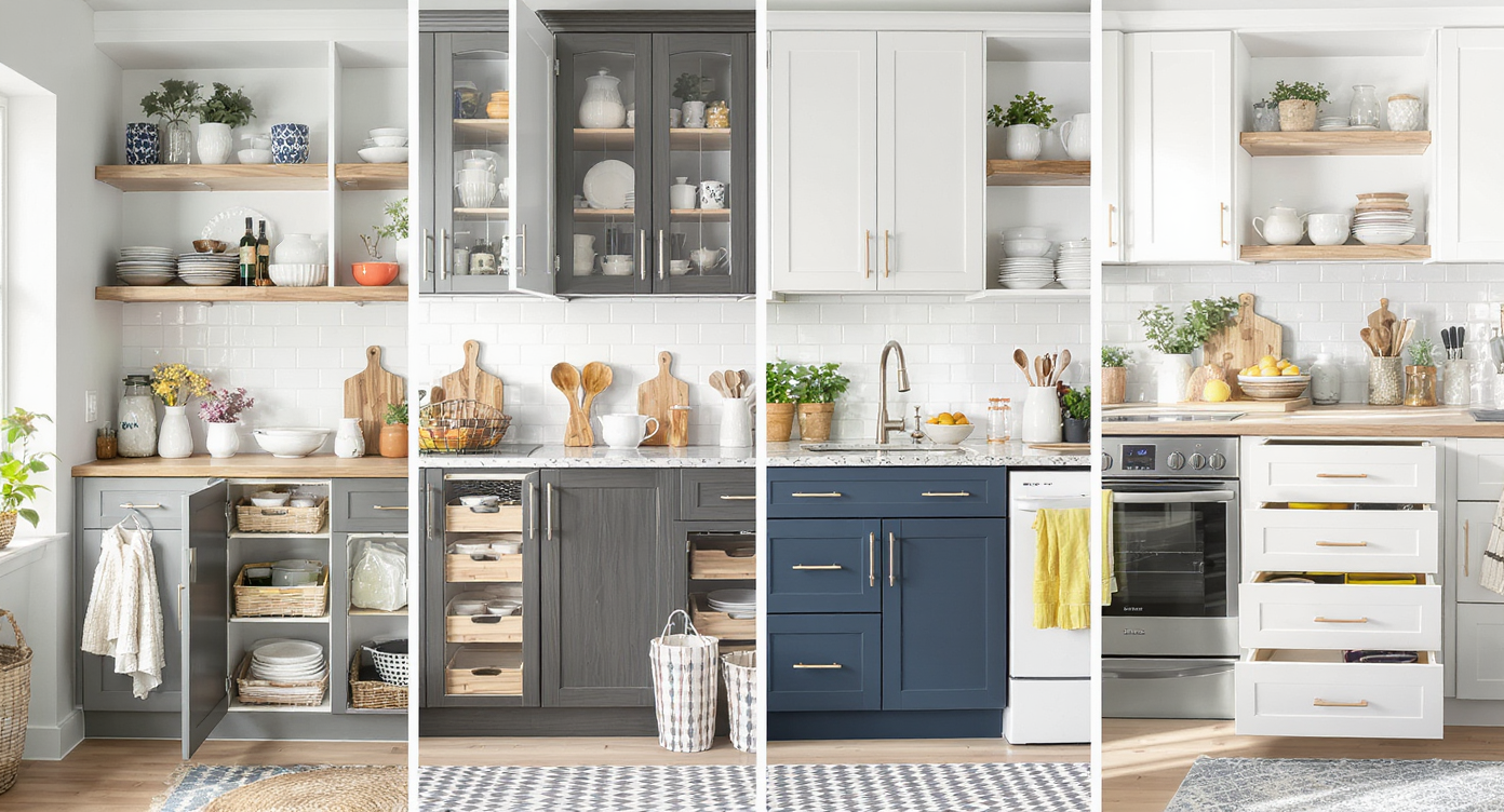 A kitchen displaying a variety of storage styles, combining open shelves and traditional cabinets for versatility.