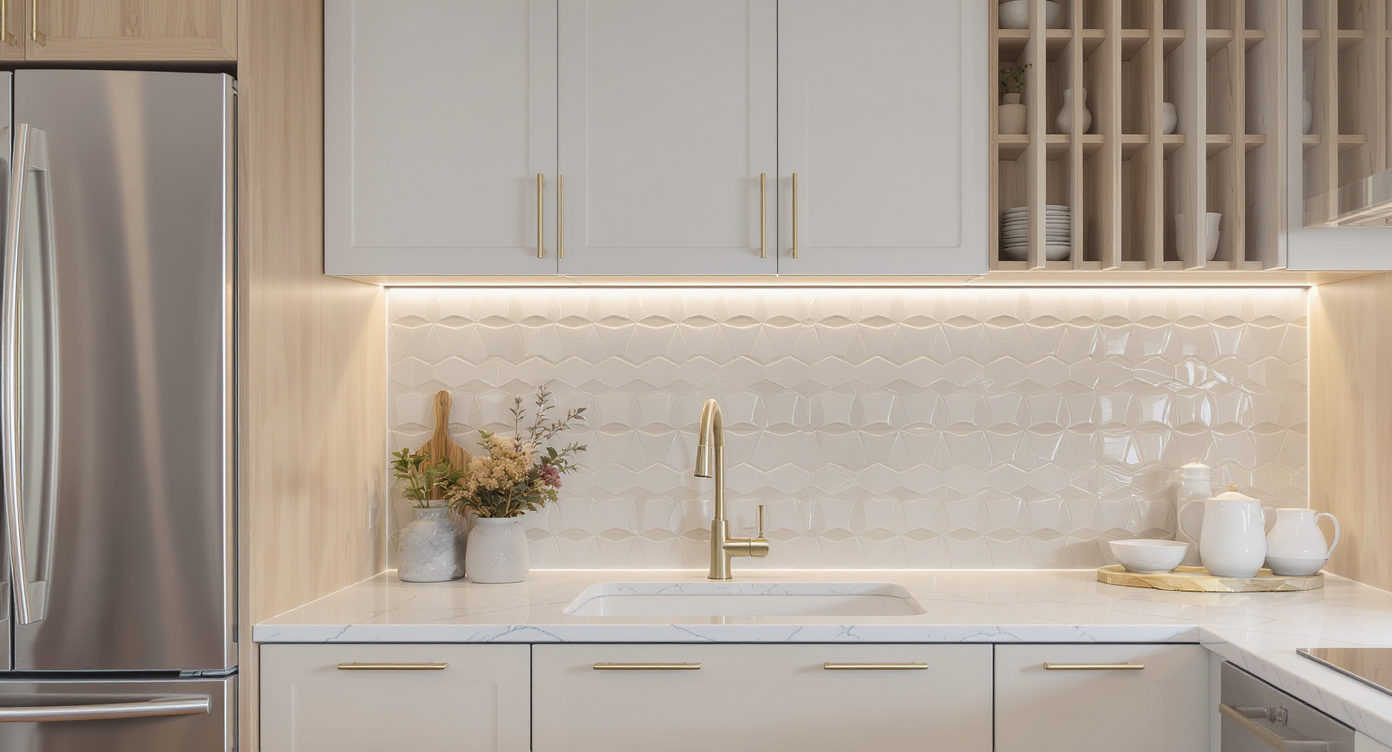 A modern kitchen with hardware innovatively placed for functionality and ease, illustrating contemporary design.