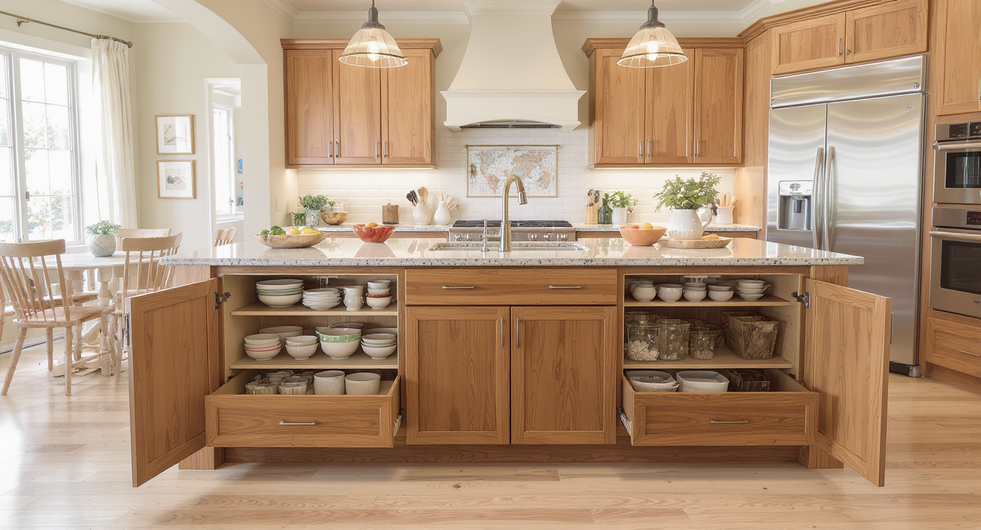 A kitchen designed for oversized storage, featuring large cabinets for bulk items alongside stylish design elements.