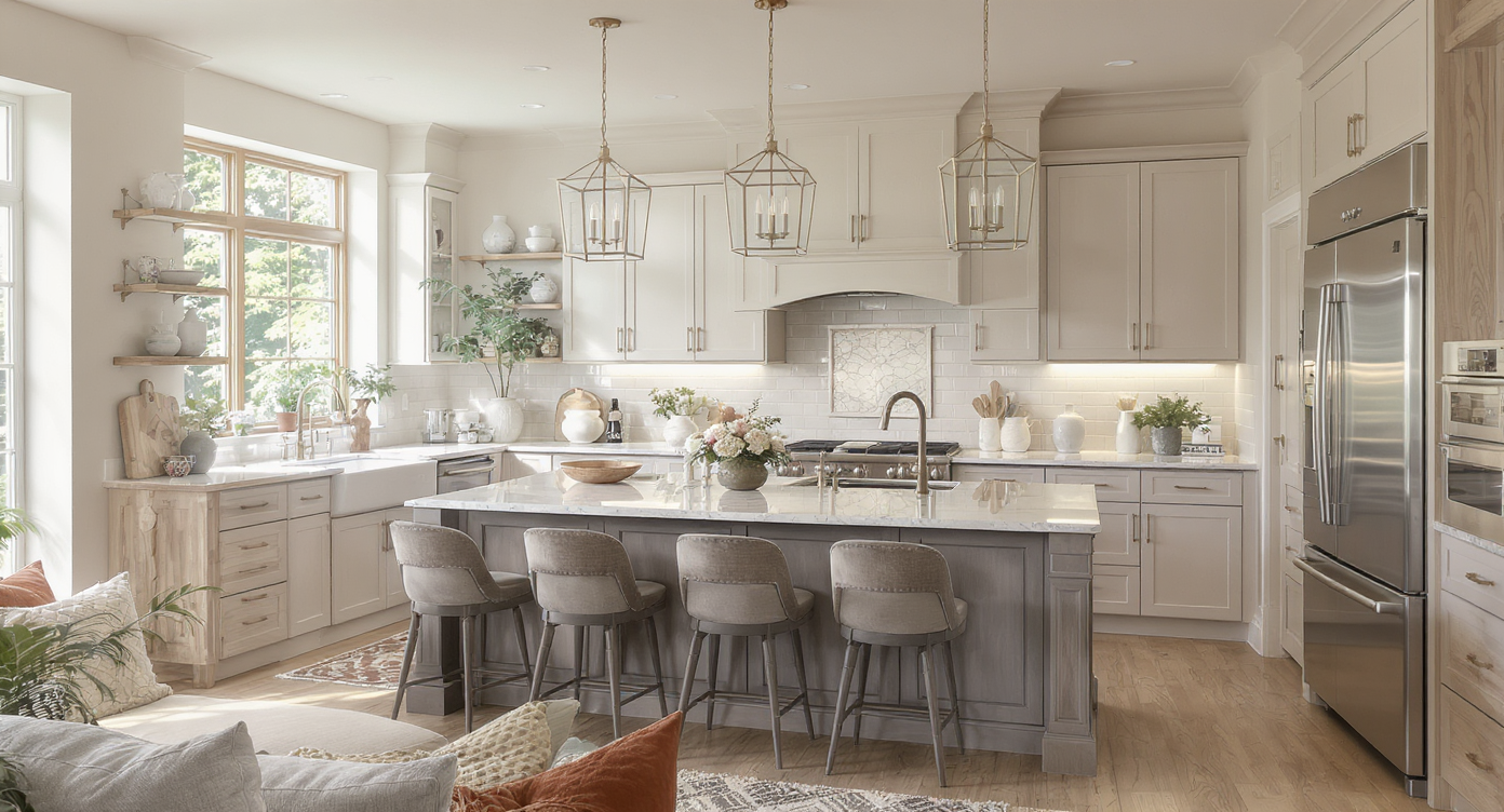 A cozy kitchen featuring soft neutral cabinetry and rustic design elements, creating an inviting atmosphere for gatherings.