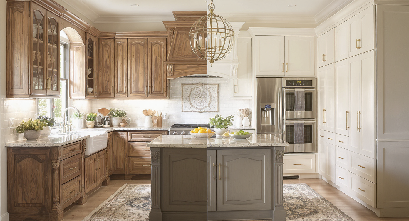A kitchen blending antique and modern cabinetry, showcasing a harmonious fusion of old and new styles.