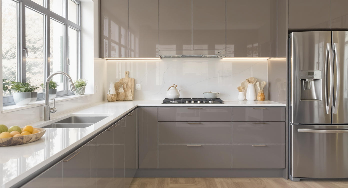 A modern kitchen with high-gloss cabinetry finishes creating a polished, sleek appearance.