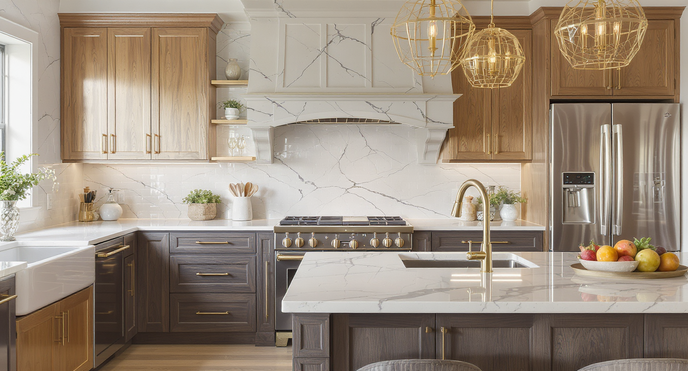 A kitchen showcasing a mix of copper, brass, and stainless steel elements, creating a rich and stylish atmosphere.