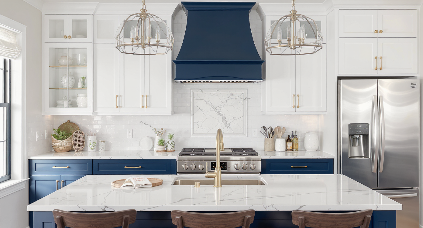 A kitchen with a dynamic contrast of upper and lower cabinet colors, enhancing the overall design depth.