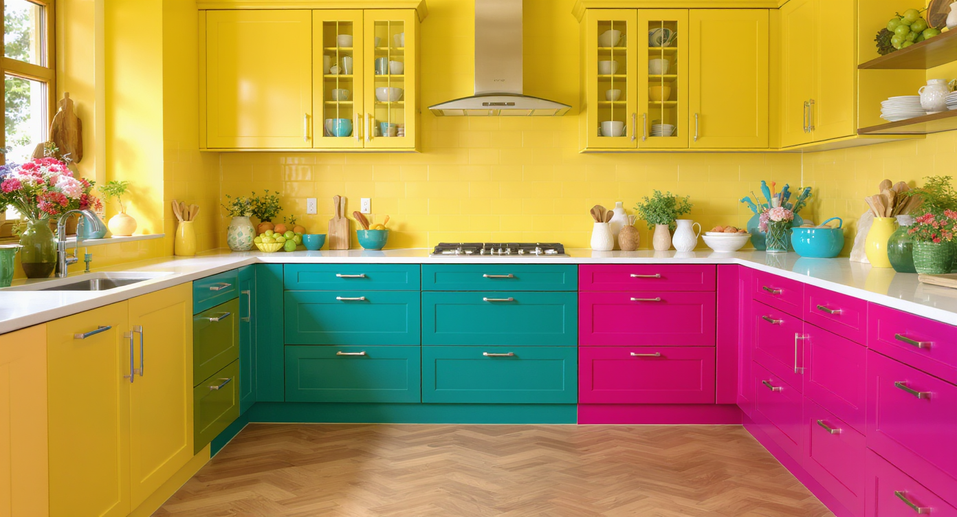 A bold kitchen with vibrant yellow, teal, and fuchsia cabinets, creating a striking and playful atmosphere.