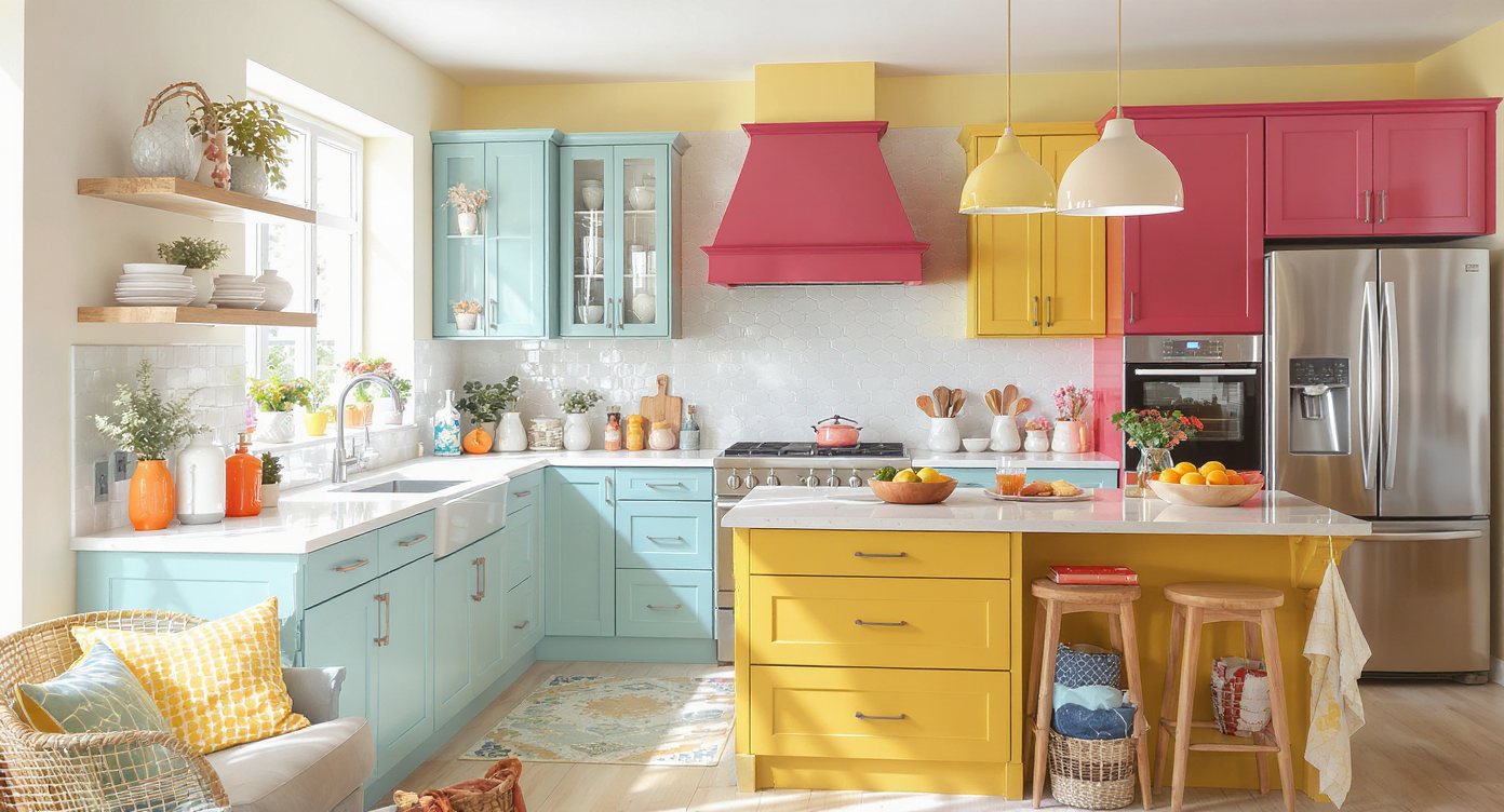 A modern kitchen filled with vibrant colors and innovative cabinet designs, showcasing a luminous and inviting atmosphere.